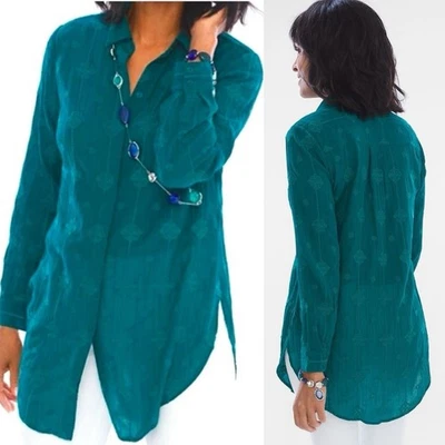 Chico’s Mujer Túnica Abotonada Tonal Bordado Tapiz Verde azulado Talla 2 12/14 Foto 1 de 4