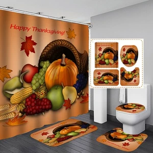 Set 4 pezzi tenda doccia autunnale Ringraziamento copertura WC coperchio tappetino tappetino - Foto 1 di 3