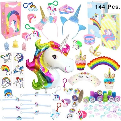 Unicornio Cumpleaños Fiesta Favores Decoraciones Suministros Set de 144 Foto 1 de 4