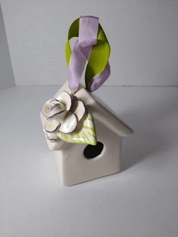 Ceramic Bird House Hanging Ornament White W/Applied Capodimonte Roses 2"x3" Cover