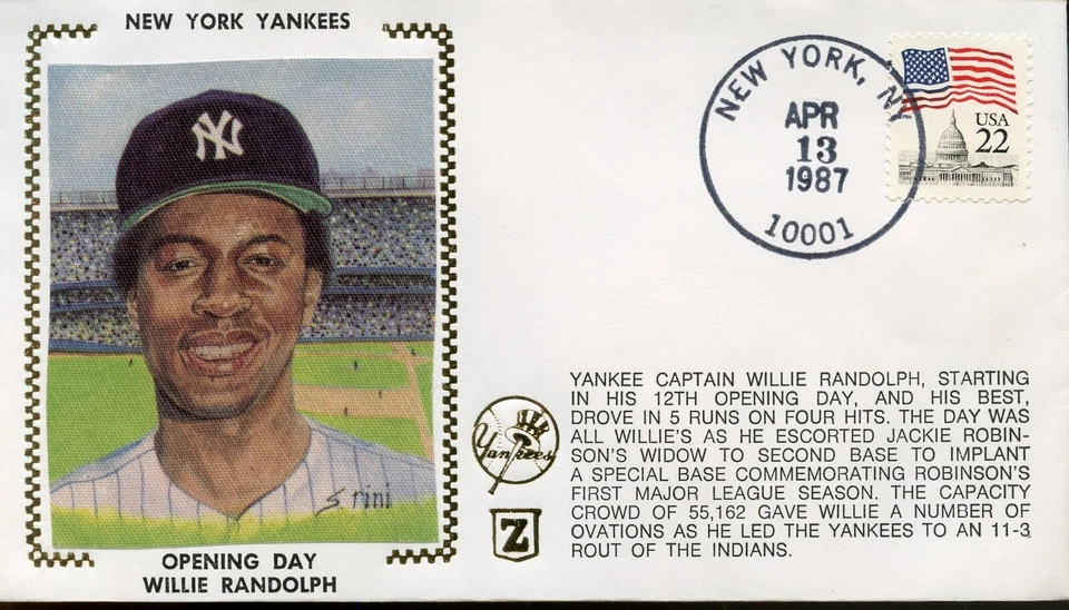 NY YANKEES OPENING DAY WILLIE RANDOLPH ZASO 'SILK' CACHET SPECIAL CANCEL COVER - Image 1 of 1