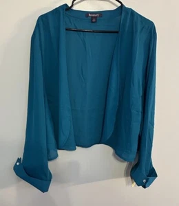 Roamans Teal Blue Open Front Sheer Blouse Plus Size 34W Gem Accent Cuffs NEW - Picture 1 of 7