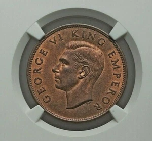 1942 NEW ZEALAND GEORGE VI BRONZE PENNY NGC MS-64 RED AND BROWN KM13 - Picture 1 of 4