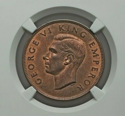 1942 NEW ZEALAND GEORGE VI BRONZE PENNY NGC MS-64 RED AND BROWN KM13 - Image 1 of 4