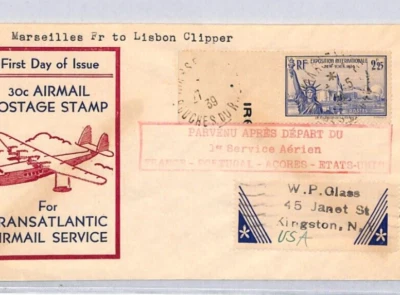 FRANCE Air Mail 1939 Cover *CLIPPER* Illustrated FIRST FLIGHT USA/PORTUGAL YZ124 - Image 1 of 4
