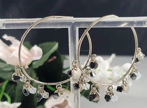 Vintage Sterling Silver 925 Open Hoop Earrings Onyx Crystal Opaque Charms BOLD - Picture 1 of 13