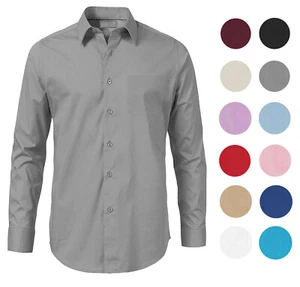 Men's Solid Long Sleeve Formal Button Up Standard Barrel Cuff Dress Shirt - Picture 1 of 37