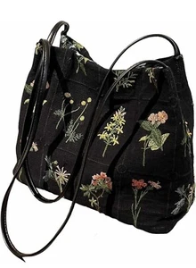 Floral Small Tote Shoulder Bag, Embroidered Flowers Canvas Bag, Bohemian - Picture 1 of 7