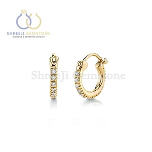 Pave Diamond Mini Huggie Hoop Earrings 9k Yellow Gold Minimalist Jewelry Gift - Picture 1 of 4