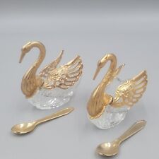 VINTAGE Set Of 2 Salt Cellar Swan W/ Gold Plated Filigree Wings Crystal Glass 