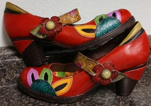 Women's 38/US7 Socofy Colorful Leather Floral Baroque Chunk Heel Mary Jane Shoes - Picture 1 of 12