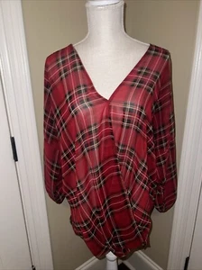 West Kei Red Black Plaid Faux Wrap Blouse Woman’s Size 2X - Picture 1 of 9