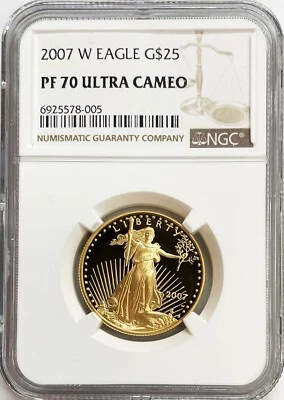 2007 W GOLD US $25 DOLLAR AMERICAN EAGLE 1/2 OZ COIN NGC PROOF 70 UC - Image 1 of 2