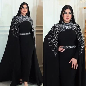 Rhinestone Maxi Dress Women Evening Party Bodycon Gown Cape Islamic Kaftan Arab - Picture 1 of 22