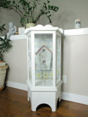 Antique Wood Standing Bird Cage Hand Painted Vtg Country Folk Art Wooden House Cover