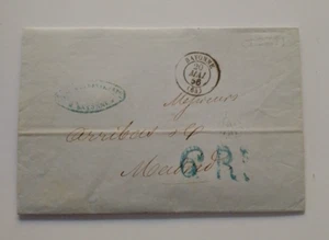 España 1856 Bayona - Madrid, porteo 6Rls azul y fechador azul MADRID RRR - Imagen 1 de 2