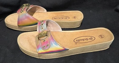 Sandálias DR SCHOLLS arco-íris holográficas clássicas camurça exercício slide década de 1990 tamanho 6 - Imagem 1 de 4