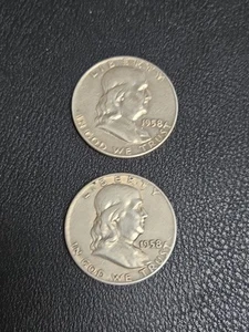 Lots Of Two 1958 "D" Series Franklin Silver Half Dollars - Picture 1 of 5