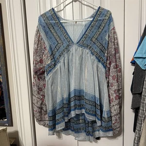Top túnica Free People Aliyah Babydoll mediano transparente boho festival hippie metálico - Imagen 1 de 9