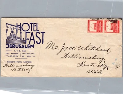 Cubierta de postal Palestina de 1930 Hotel Fast Jerusalem to Williamsburg Kentucky EE. UU. Foto 1 de 2