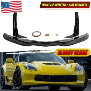 14-19 Fits  Corvette C7 Z06 Stage 3 Front Lip Splitter+Side Winglets Gloss Black - Picture 1 of 16
