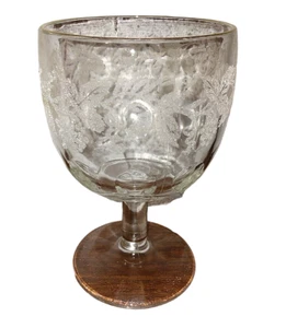 Vintage Bartlett Collins Frosted Grape Leaf Etched Wine Glass Goblet Gold Rim - Picture 1 of 7