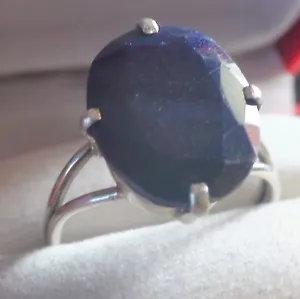 NATURAL BLUE SAPPHIRE 14.10 CT RNG 925 STERLING SILVER, SIZE 8.25 - Picture 1 of 7