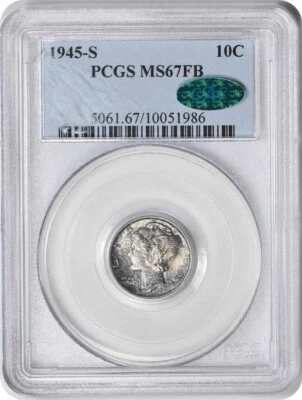 Moneda de diez centavos de plata Mercury 1945-S MS67FB PCGS (CAC) Foto 1 de 4