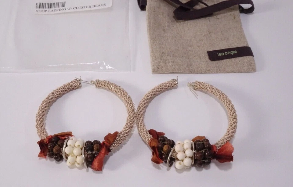Lee Angel Women's beige Crochet Beaded Ribbon XL Hoop Earrings NWT165 - Image 1 of 4