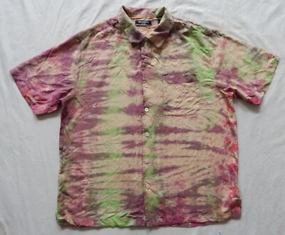 Camisa Tie Dye Psicodélica Seda Púrpura Verde Manga Corta - Grande Para Hombre Hecha a Mano Foto 1 de 4