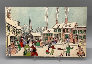 Vintage Weihnachtsgrußkarte 19. Jahrhundert Dorf, Winterszene, handbemalt - Bild 1 von 5