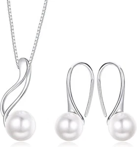 Sterling Silver Pearl Jewelry Set Gold Plated Freshwater Necklace Earrings - Picture 1 of 6