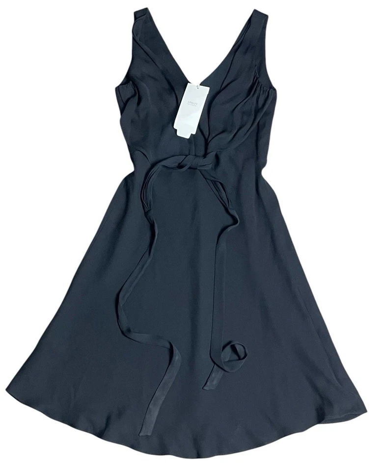 Vestido midi para mujer Armani Collezioni mezcla de seda sin mangas corbata fluido negro talla 10 Foto 1 de 4