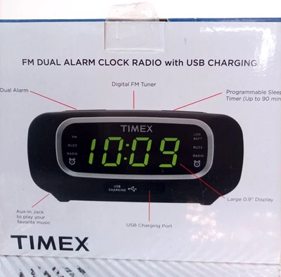 Vintage Timex Alarm Clock Radio with USB Charging Port Black T2351B New in Box - Image 1 of 4
