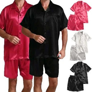 Men's Sexy Satin Silk Pajamas Set Short-sleeve Top+Shorts Solid Leisure Homewear - Picture 1 of 23
