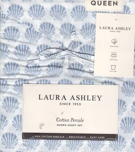 Laura Ashley Queen Sheet Set Scallop Periwinkle Blue Shells 4pc Farmhouse Chic - Picture 1 of 4
