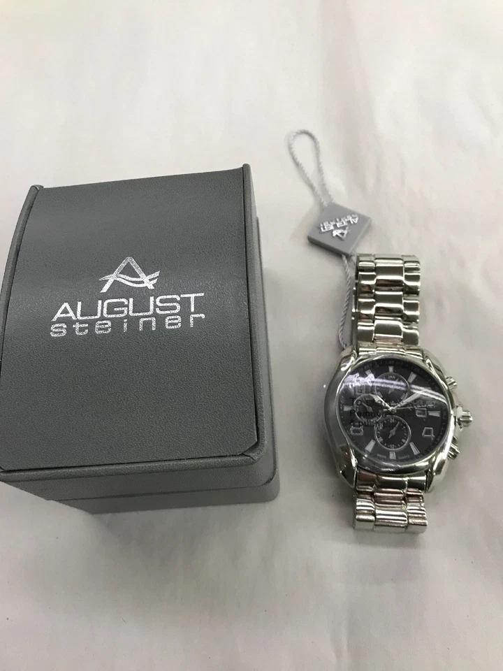 August Steiner As8109ss Mens Swiss Quartz Multifunction Black Dial Silver-tone