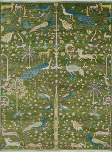 The Green Peacock Garden Teal & Peach Accents Hand Knotted Premium Wool Area Rug - Picture 1 of 6