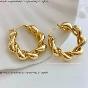 Pure 18K Yellow Gold Au750 Shiny Twist Chubby Hoop Women Big Earrings 27*28*6mm - Picture 1 of 8