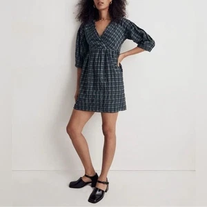 Madewell Marianna Puff Sleeve Dress Green Plaid Size Small - Picture 1 of 5