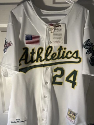 Camiseta deportiva Mitchell & Ness auténtica Oakland A's Rickey Henderson 24 48 XL $300 NUEVA CON ETIQUETAS Foto 1 de 4