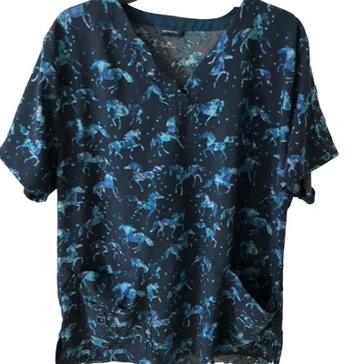 Blusa Médica Carhartt Para Mujer XL Teal Horses 5 Bolsillos Elastizada Cuello en V Fuerza Foto 1 de 4