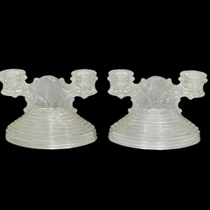 PAIR Vtg Art Deco LE Smith Double Candle Holders 1930s Clear Glass Ribbed - Picture 1 of 10
