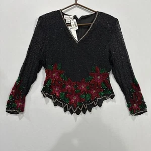 Vintage NWT Laurence Kazar Top Black Poinsettia Sequins Long Sleeves Size PL - Picture 1 of 6