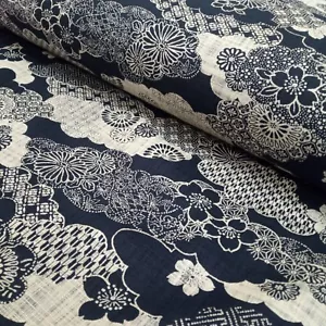 Indigo Floral Digital Printed Japanese Kasuri Traditional Quilting Cotton Fabric - Picture 1 of 18