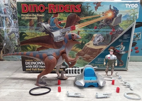tyco-DINO-riders-1987-deinonychus-with commando KAMEELIAN &empty BOX Cover