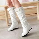 Fashion Womens Comfort Hidden Wedge Heels Pull On Knee High Boots Pleated Boots