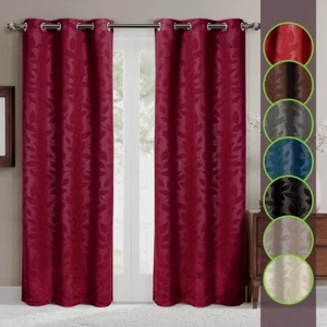 2 x Panel Virginia Blackout Grommet Window Curtain Set Leafy Design Weave Drapes - Picture 1 of 10