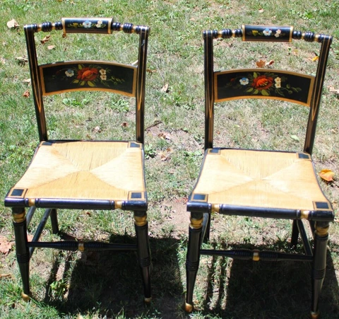 Distressed Black Hitchcock Dining Side Chairs with Rush Seats - Pair Cover