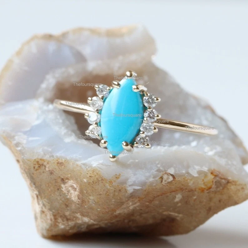 Anillo de boda de plata 925 con diamantes turquesa marquesa, anillo de cuatro diamantes Foto 1 de 4